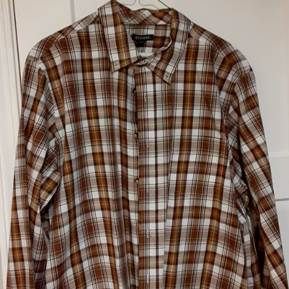 George Button Up Long Sleeve Shirt.  Size XL 46-48 Brown And White